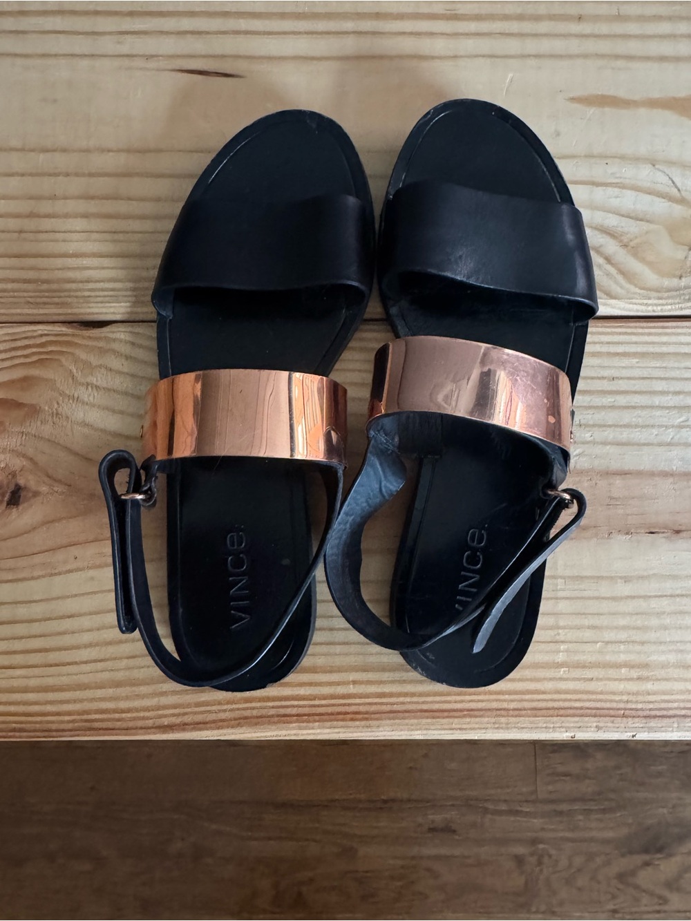 Vince Black Sandals with Copper Metallic Strap
